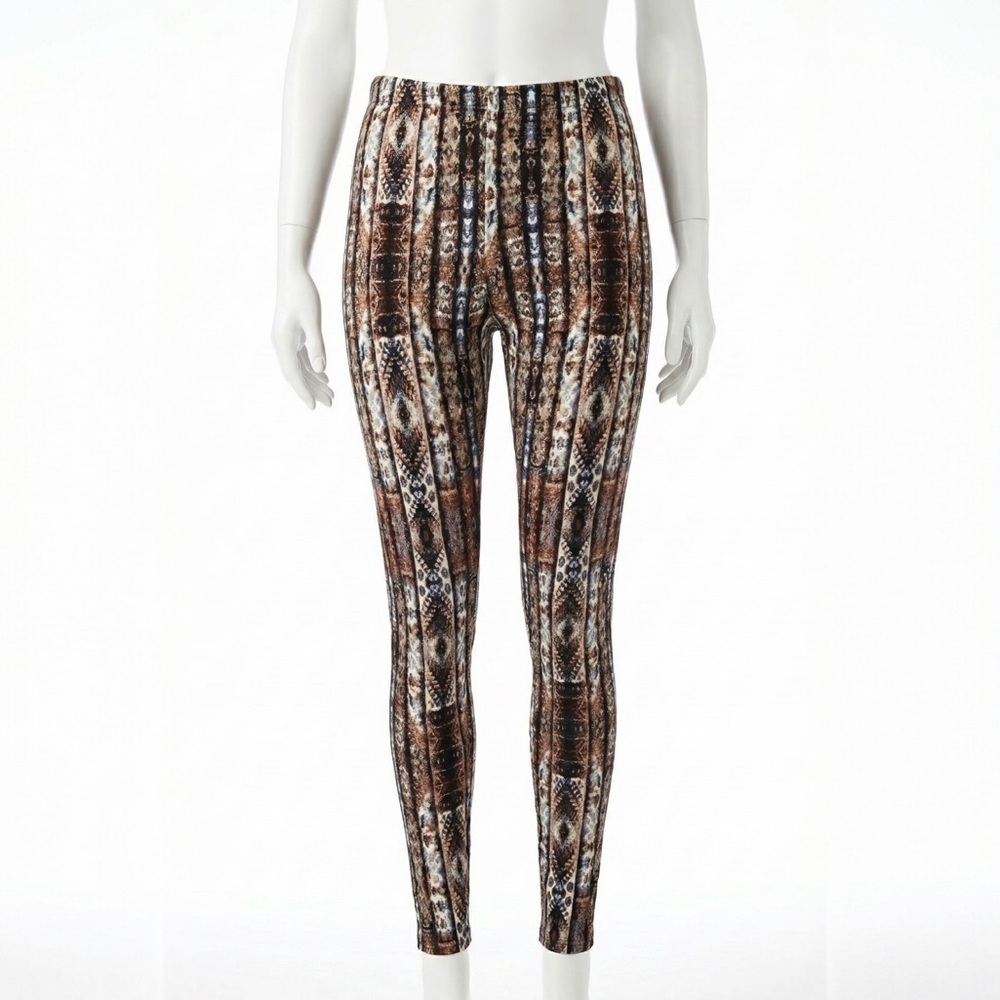 No Comment Leggings XL Brown Tribal Aztec Vertical Stripe Stretch Boho Casual